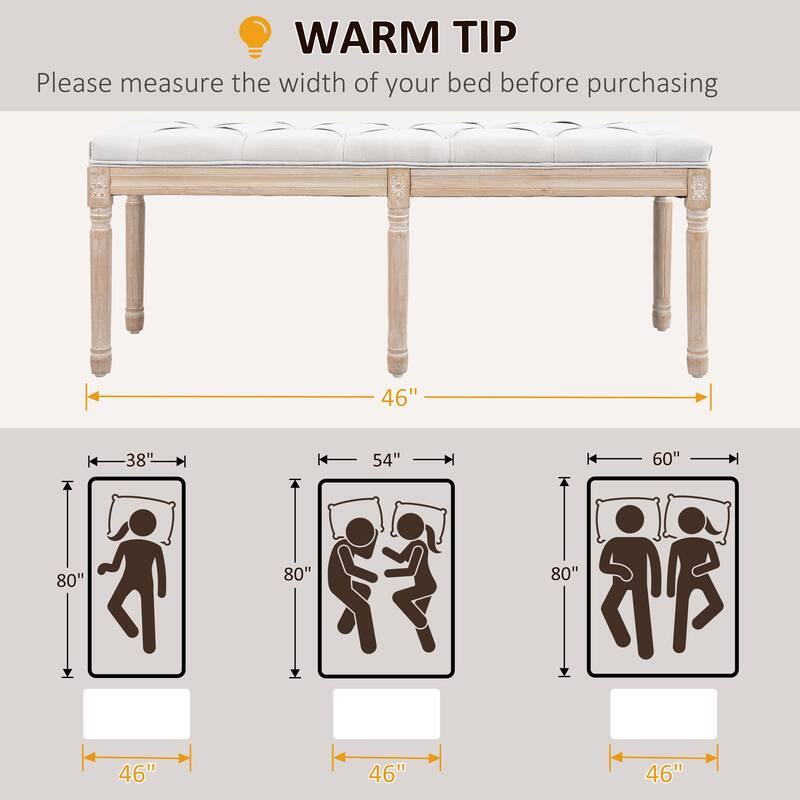 Cream White Upholstered Seat Decorative Bench with Button Tufting, Practical Hallway Bench Bedroom End of Bed Leisure Bench