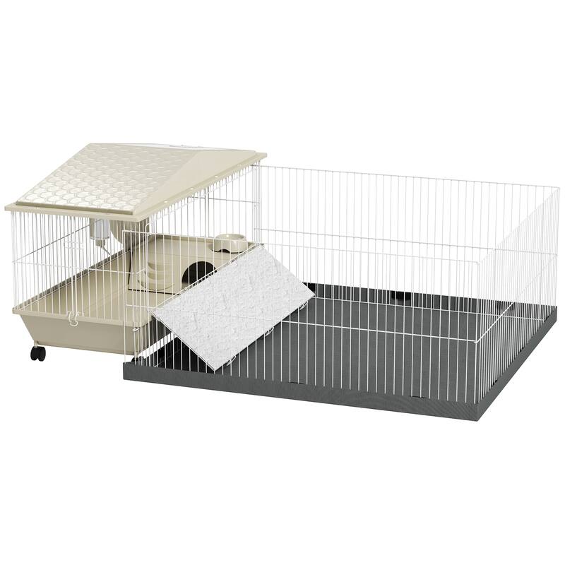 PawHut Small Animal Cage with Removable Pet Playpen, Guinea Pig Cage with Waterproof Pad, Hay Feeder - White