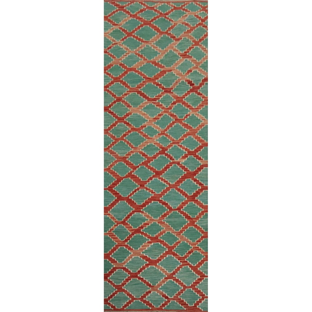 Hand Woven Oriental 100% Wool Carpet Southwestern All-Over Green Kilim Runner Rug - 9' 8'' X 2' 7''