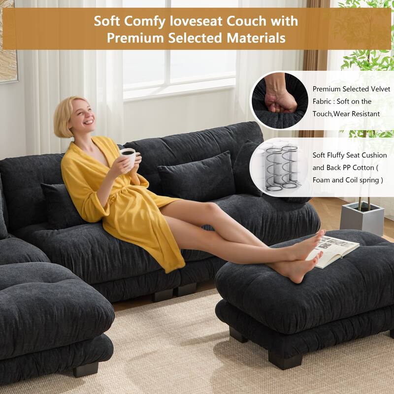 GALDWIN Velvet Upholstered 3-Seater Comfy U-shaped Cloud Tufted Free Combined Sectional Sofa with 2 Ottomans