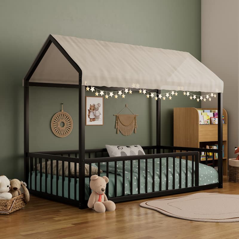 Montessori Style Metal Floor Bed Frame, House Shaped Bed for Kids and Toddlers, No Slats, House Bed - Black Fence - Twin