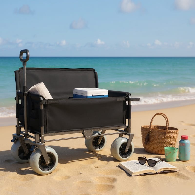 Folding Wagon with Bench Seat & 500 lbs Capacity-3-in-1 Collapsible Utility Cart with All-Terrain Beach Tires for Camping