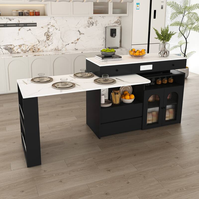 Kitchen Island with Extendable Rotating Table, 4 Drawers, Glass Doors & Built-in Socket - Black+Marble Veneer
