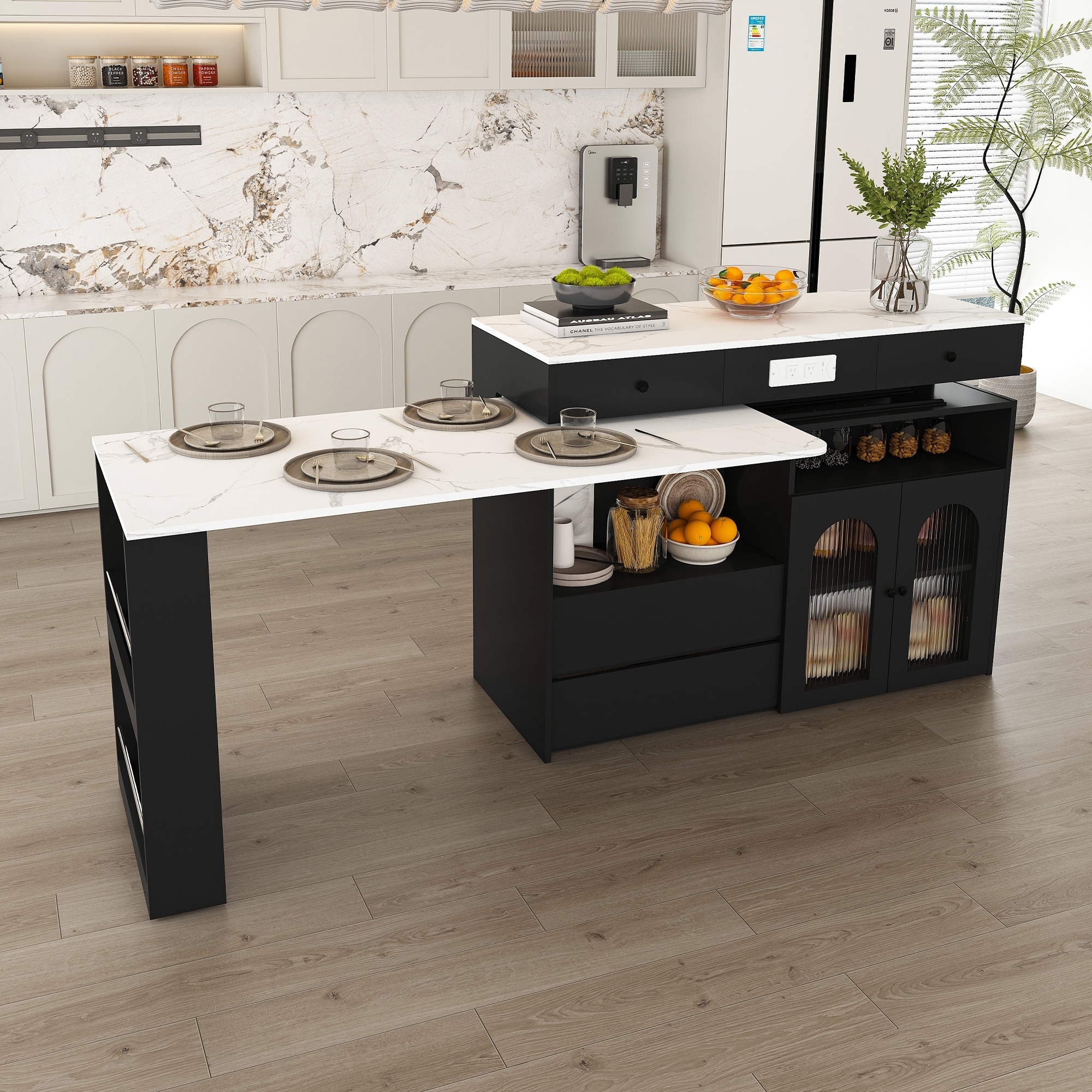 Roomfitters Kitchen Island with Rotating Extendable Table, Mobile Dining Station with Storage and Built-in Power Outlet