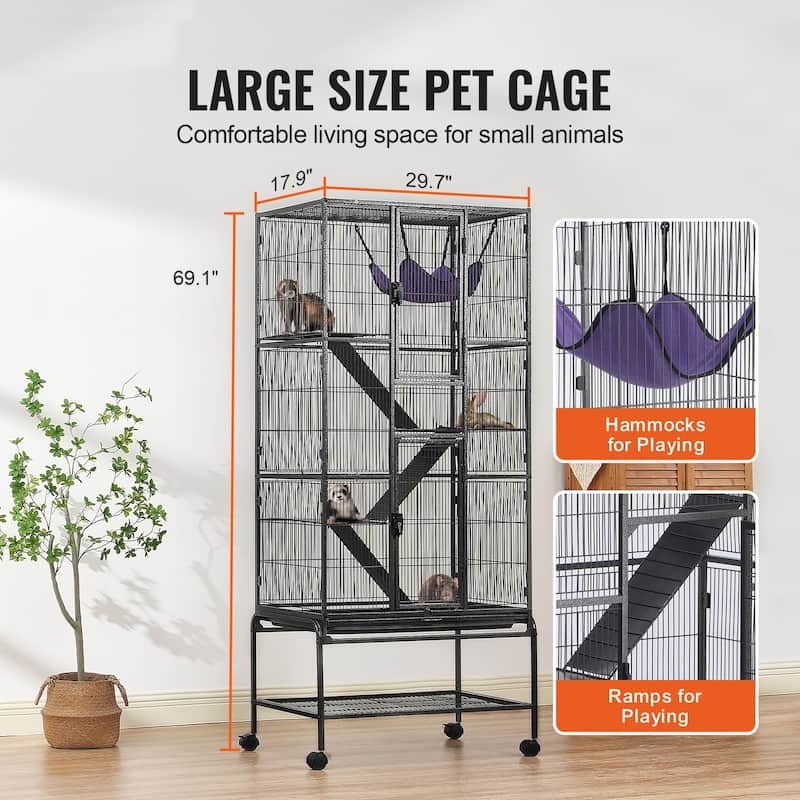 Black Iron & Plastic Ferret Cage with 4 Platforms, Rolling Wheels & Storage - Multi