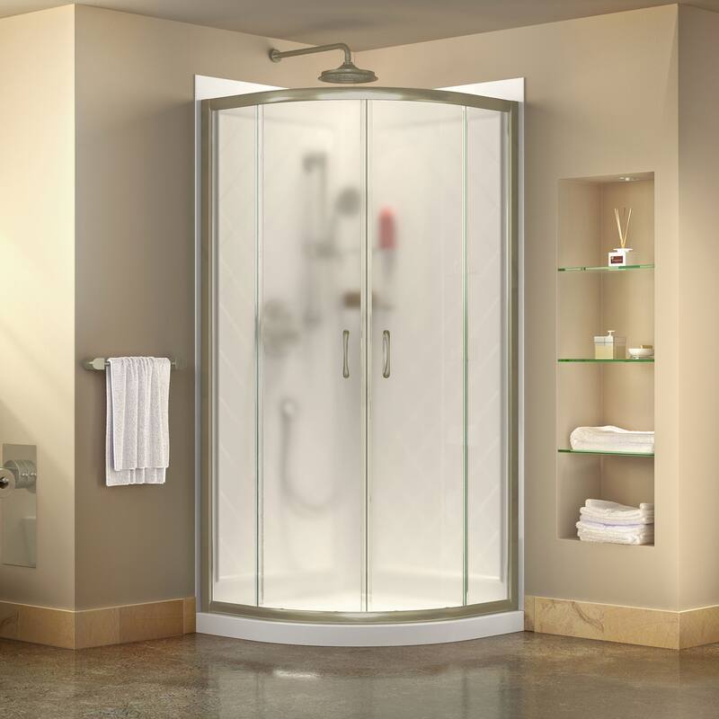 DreamLine Prime 38 in. x 38 in. x 76 3/4 in. H Shower Enclosure, Shower Base and Acrylic Backwall Kit - 38" x 38" - Brushed Nickel; White; Frosted Glass