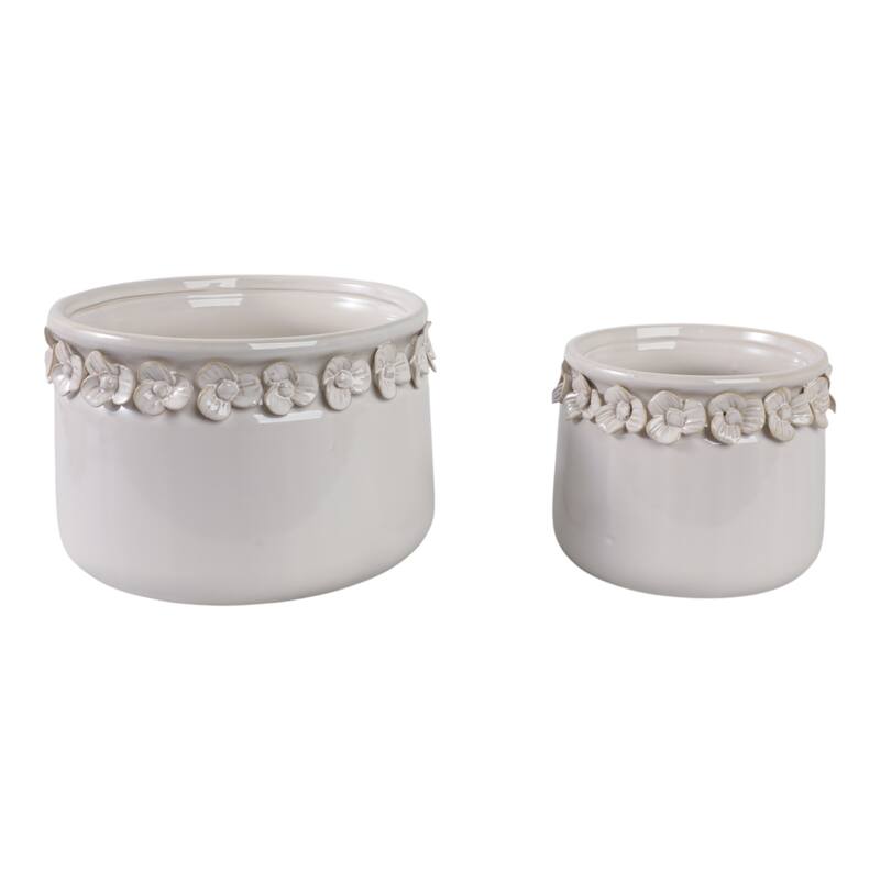 Ceramic Round Planter Sculpted Floral Rim Detail and Drainage Hole - 10" x 10" x 6.5" - Ivory