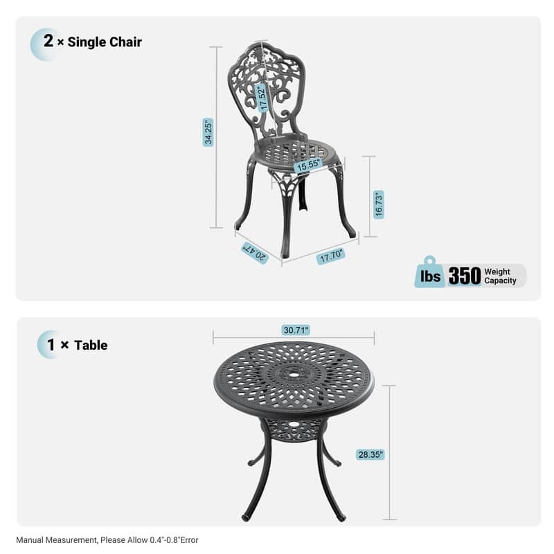 Black 3-Piece Cast Aluminum Patio Bistro Set Rust-proof Outdoor Bistro Set