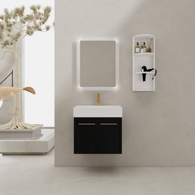 Wall mounted bathroom vanity with sink and storage shelf