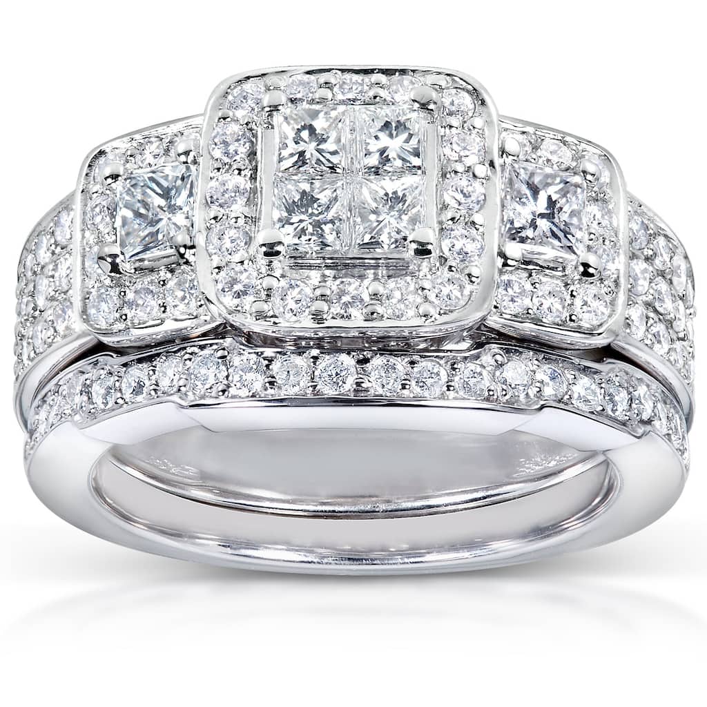 Kobelli 1.18 Carat Natural Diamond 14k Solid White Gold Princess-cut Wide Triple Halo Chunky 2pc Bridal Set