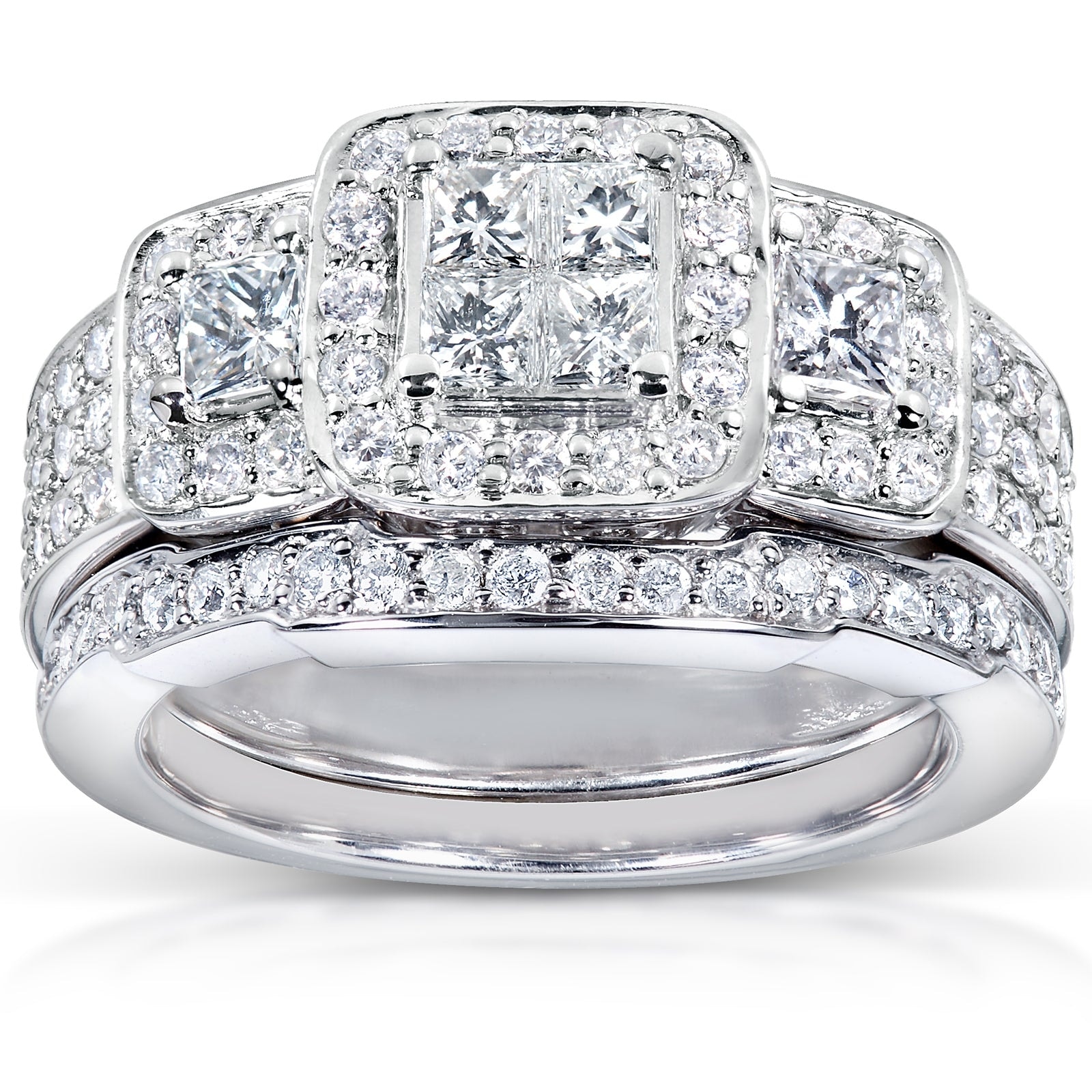 Kobelli 1.18 Carat Natural Diamond 14k Solid White Gold Princess-cut Wide Triple Halo Chunky 2pc Bridal Set