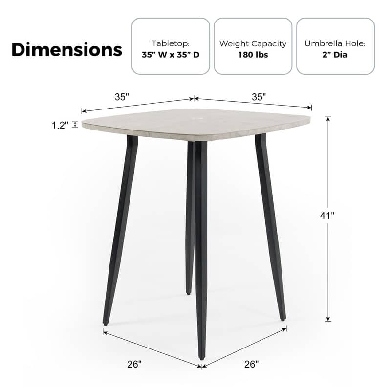 Marble-Look Square Aluminum Bar Dining Table with Umbrella Hole for Indoor and Outdoor Use