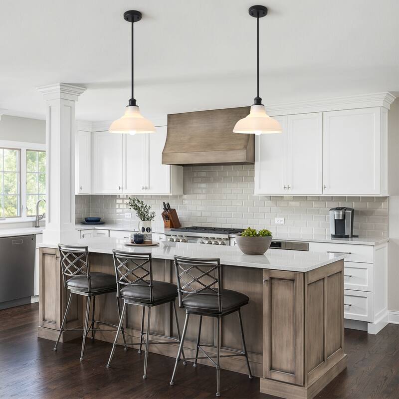 1-Light Adjustable Dome Shaded Pendant Light with Cream Glass Shade, Semi Flush Mount Chandelier for Dining Room Living Room
