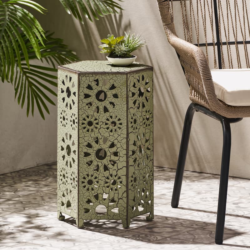 Roomfitters 12"/14" Side Table, Metal Accent Table with Sunburst Cutout Design for Patio or Living Room