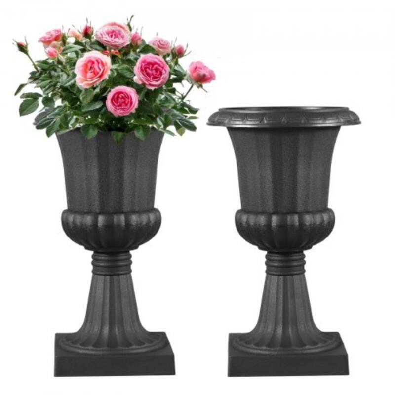 Lightweight PP Plastic Large Outdoor Flower Urn Planter with Drainage Holes and Pedestal Base - 10” x 17” - Black