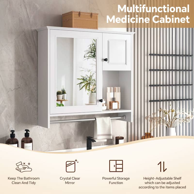 Bathroom Wall Mounted Mirror Cabinet Adjustable Medicine Cabinet with Mirror Door, Storage Cabinet and Open Compartment