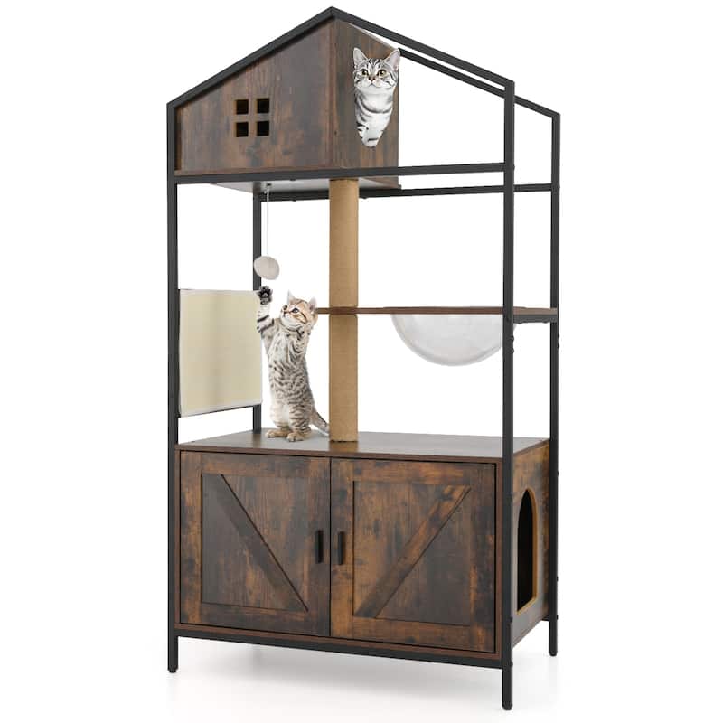 59" Tall Rustic Wood Cat Tree with Hidden Litter Box Enclosure Condo and Scratch Post Cat Tower
