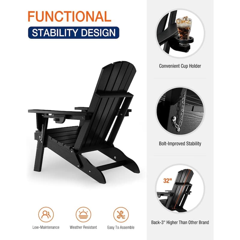 WINSOON All Weather HDPE Outdoor Folding Adirondack Chair With Cup Holder,Set of 2
