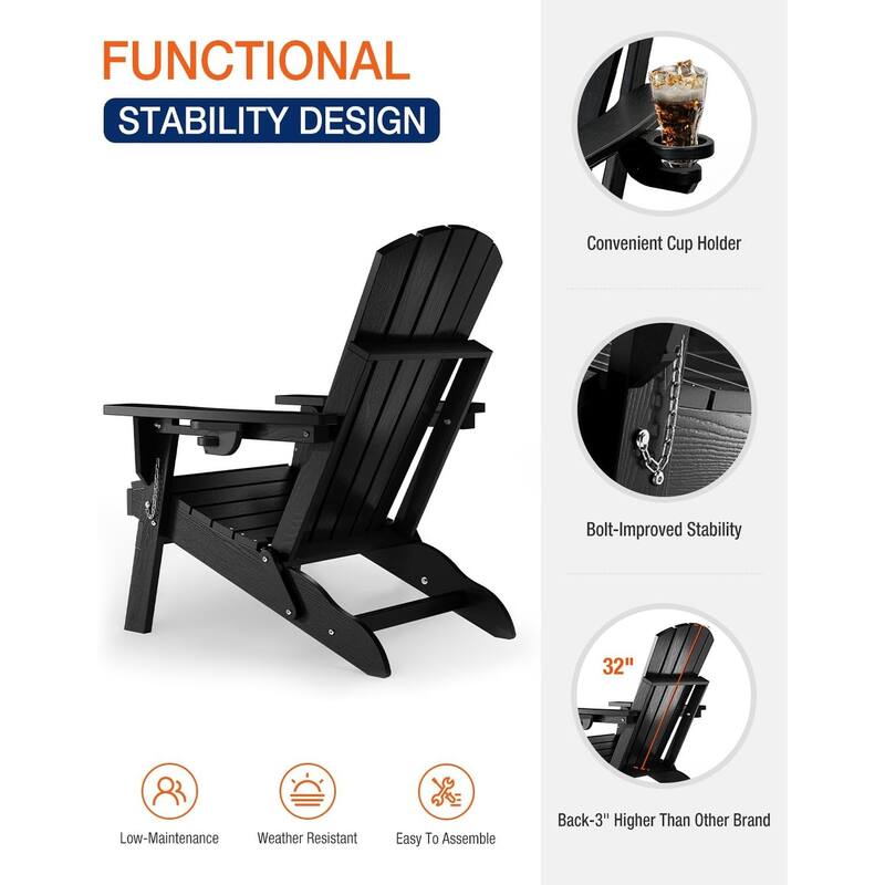 WINSOON All Weather HDPE Outdoor Folding Adirondack Chair With Cup Holder