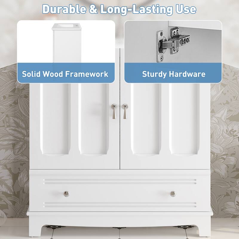 30" Bathroom Vanity with Ceramic Sink, Solid Wood Frame Bathroom Sink Cabinet with Adjustable Shelf, Drawer with Divider