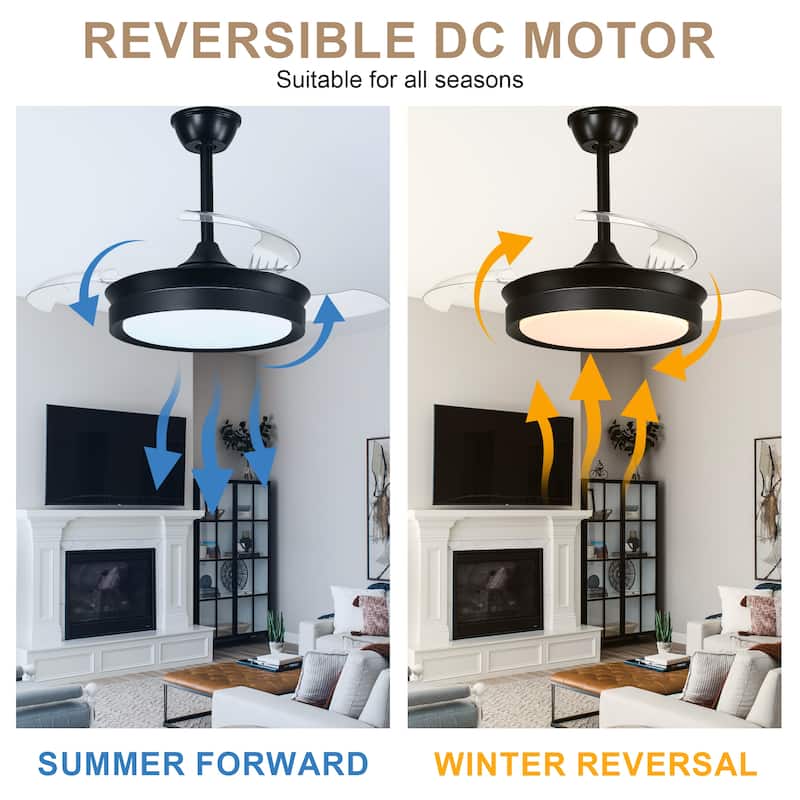 Bella Depot 36" Modern Retractable Ceiling Fan with Dimmable Led Light and Remote, 6-Speed Reversible DC Motor