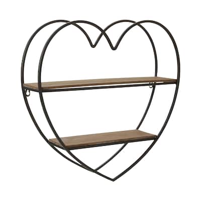 20" Brown and Black 2-Tier Heart Decorative Wall Shelf