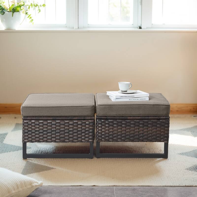 Gymojoy Outdoor Wicker Ottomans with Olefin Cushions