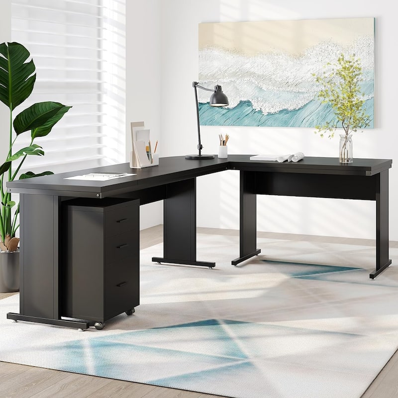 83" L-Shaped Executive Desk, Large L Office Desk with 3-Drawer Mobile File Cabinet, Business Furniture Desk Workstation