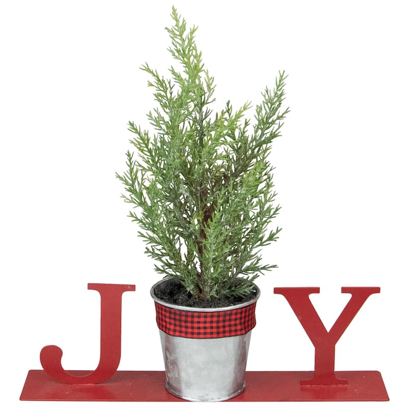10" Red "JOY" Potted Faux Pine Metal Planter Christmas Tabletop Plaque