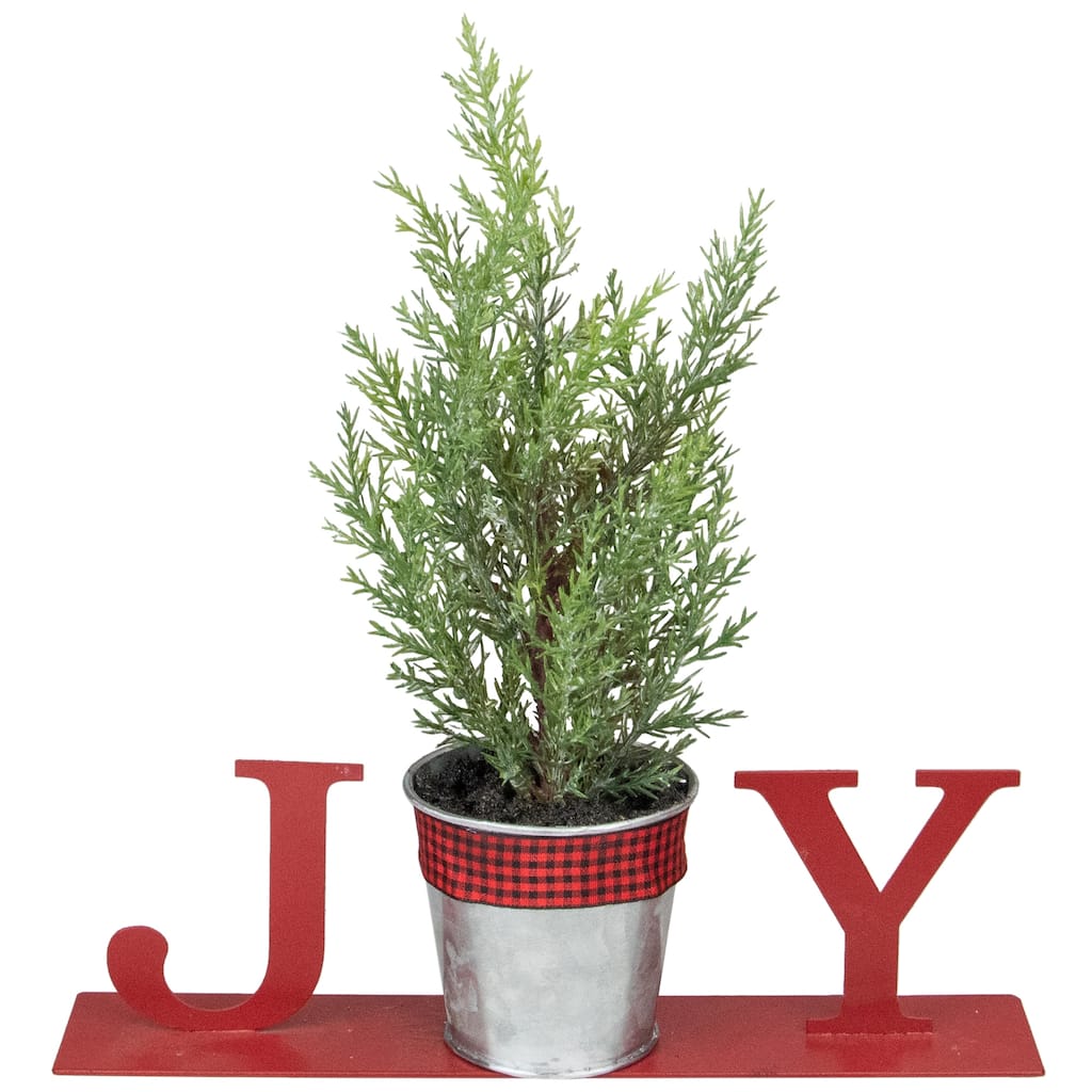 10" Red "JOY" Potted Faux Pine Metal Planter Christmas Tabletop Plaque