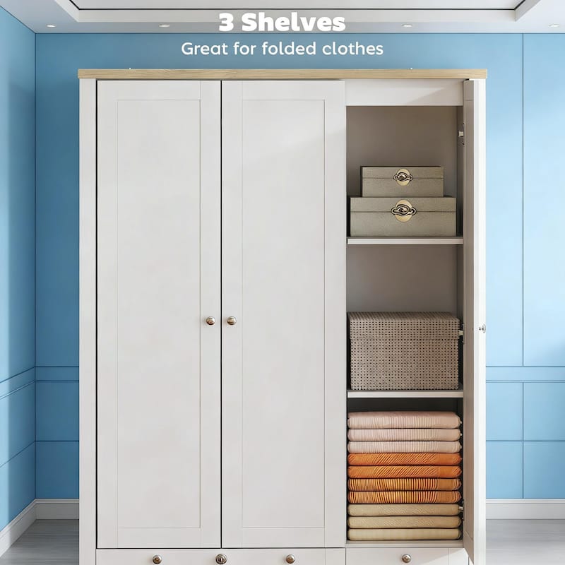 Rossetta 3-Door Modern Simple Adaptable Design Wardrobe Closet with Enclosed Shelves and Deep Bottom Drawer