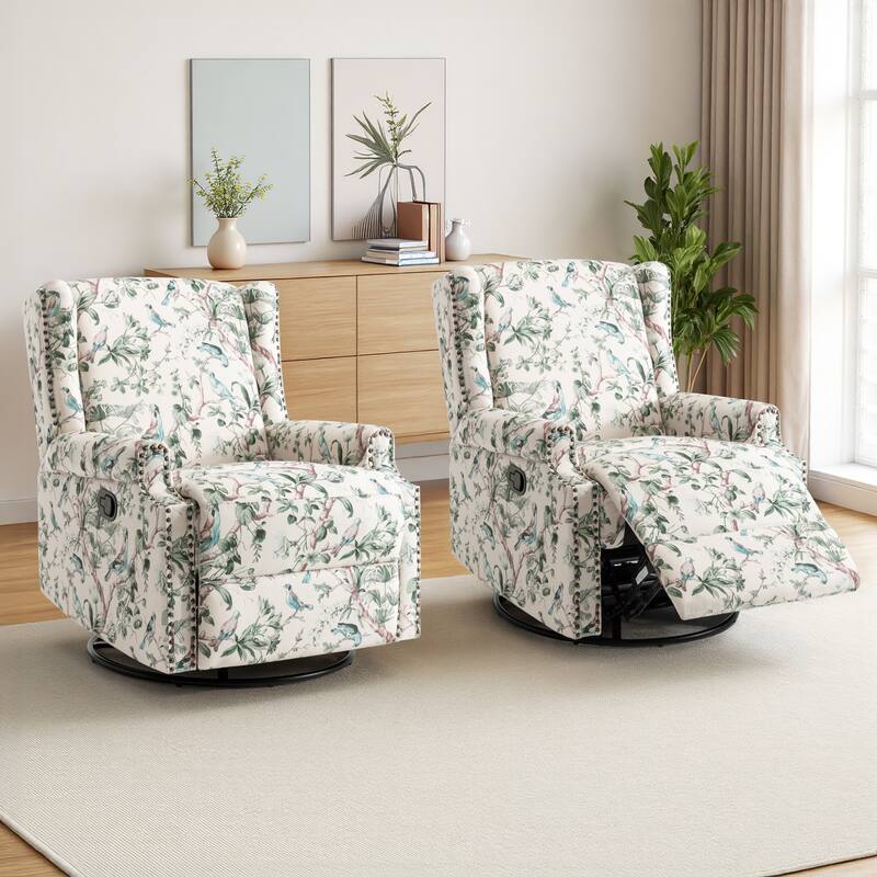 UIXE 2 Set Roderich Farmhouse Floral Print Swivel Rocker Push Back Recliner - Bird