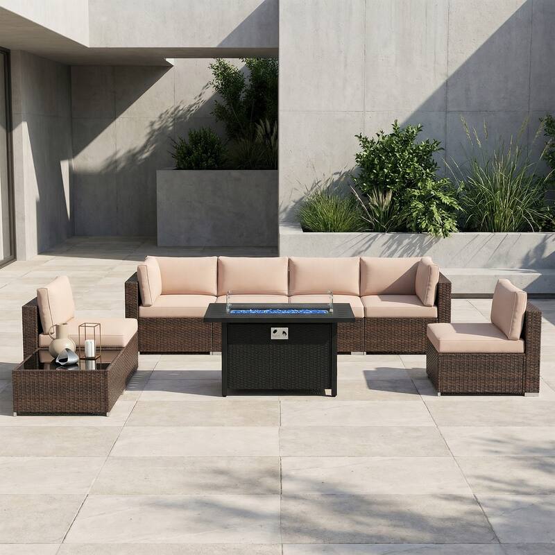 Outdoor Wicker Sectional Sofa 8-Piece Set with Fire Pit Table