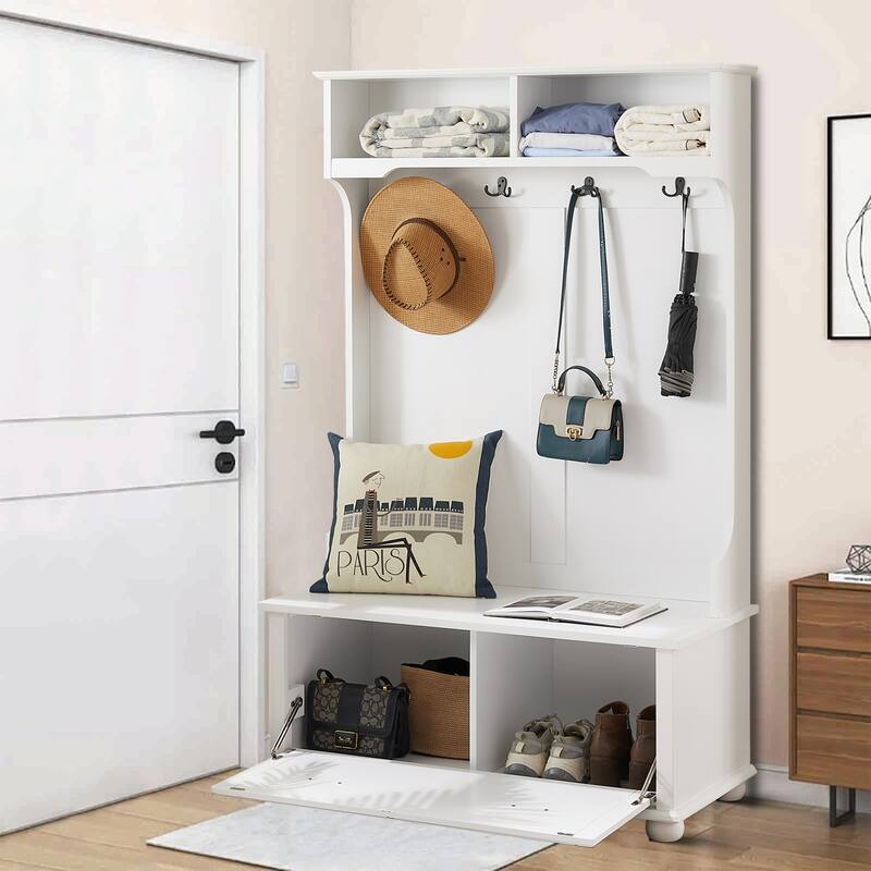 Modern Minimalist Freestanding Wooden Storage Hall Tree with Solid Wood Legs - White