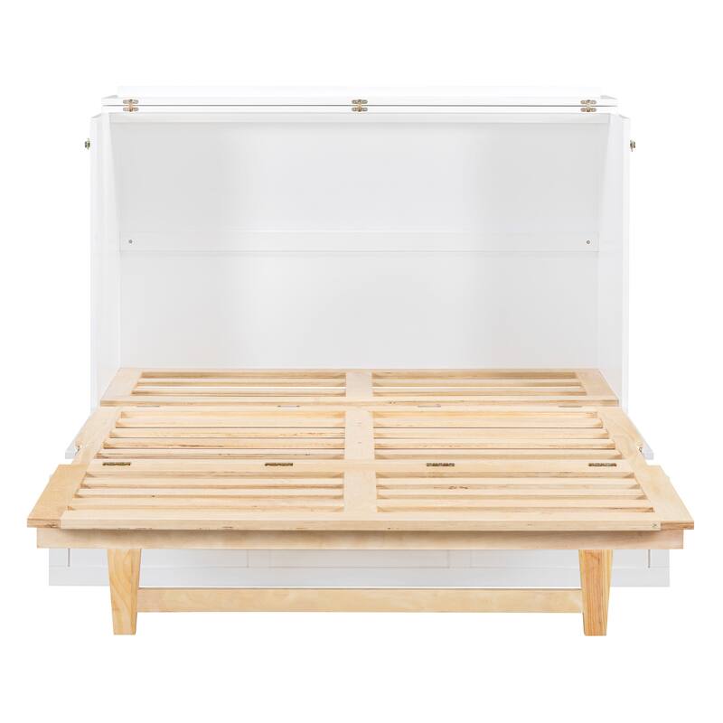 Full Size Murphy Bed Hidden Cabinet Bed with Drawer Underneath and Rattan Patterned, Clever Space Utilization Classic White