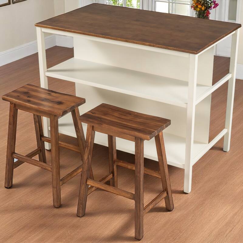 3-Piece Solid Wood 45" Table Set with 2 Stools, Counter Height Dining Set with Open Storage Shelves for Dining Room or Kitchen