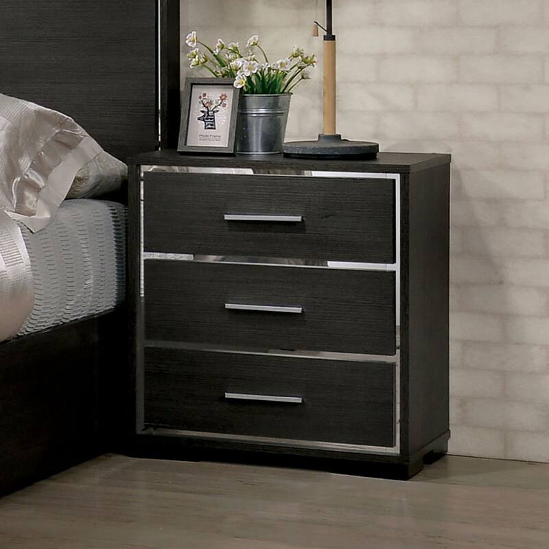 Warm Gray Solid Wood Nightstand, Modern Lines, Chrome Trim, Contemporary Bedroom