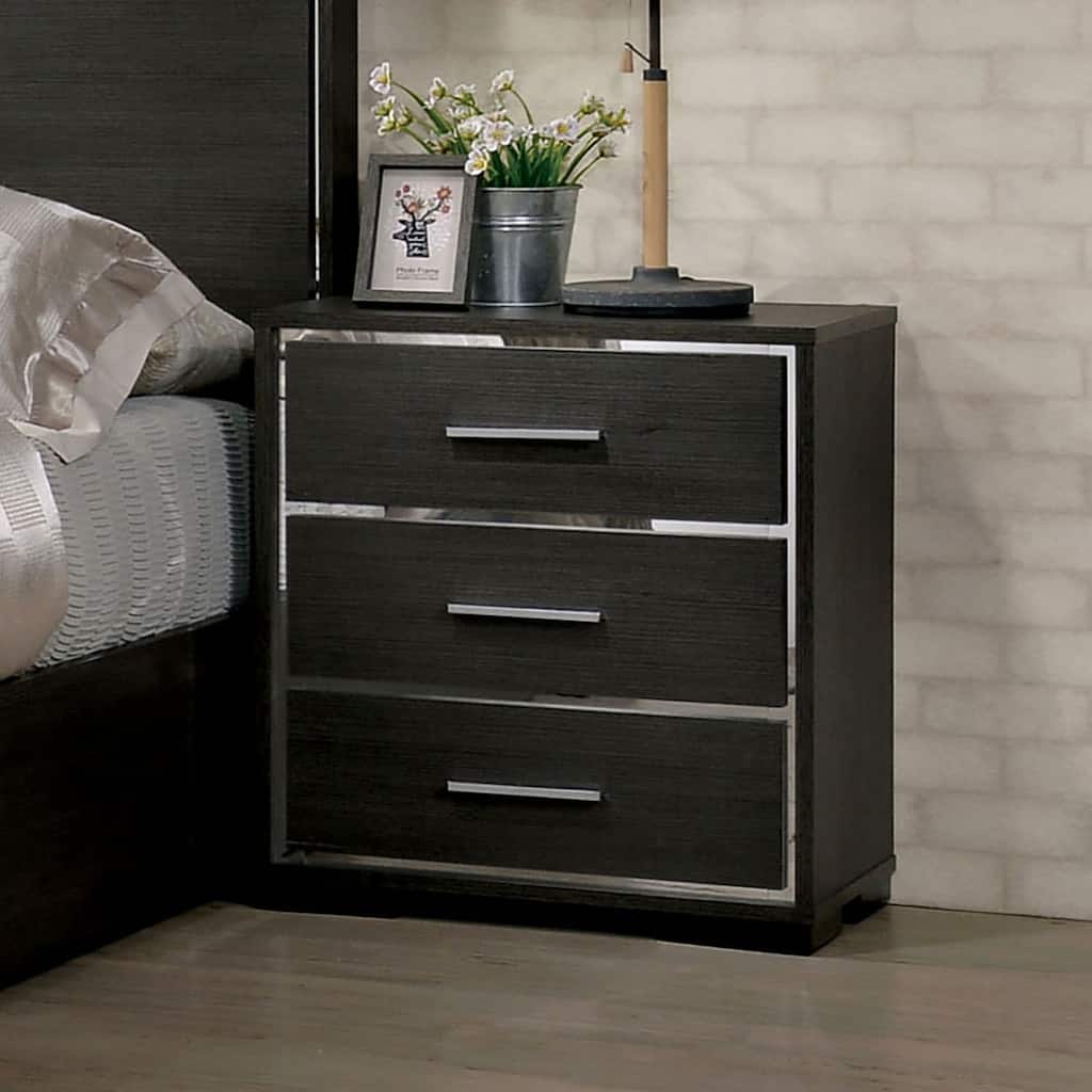 Warm Gray Solid Wood Nightstand, Modern Lines, Chrome Trim, Contemporary Bedroom