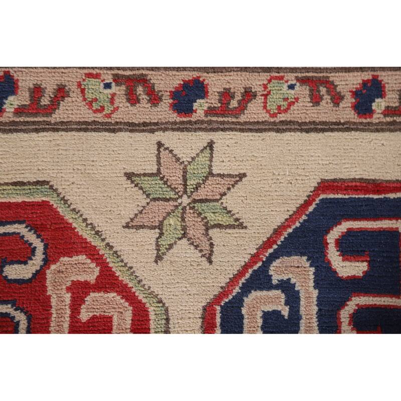 Hand Knotted Oriental 100% Wool Carpet Traditional Geometric Beige & Ivories Kazak Area Rug - 9' 7'' X 6' 7''