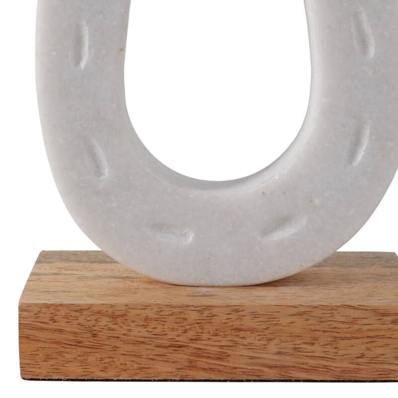 Marble Horseshoe Figurine with Wooden Base - 8", White & Brown - 8.25"