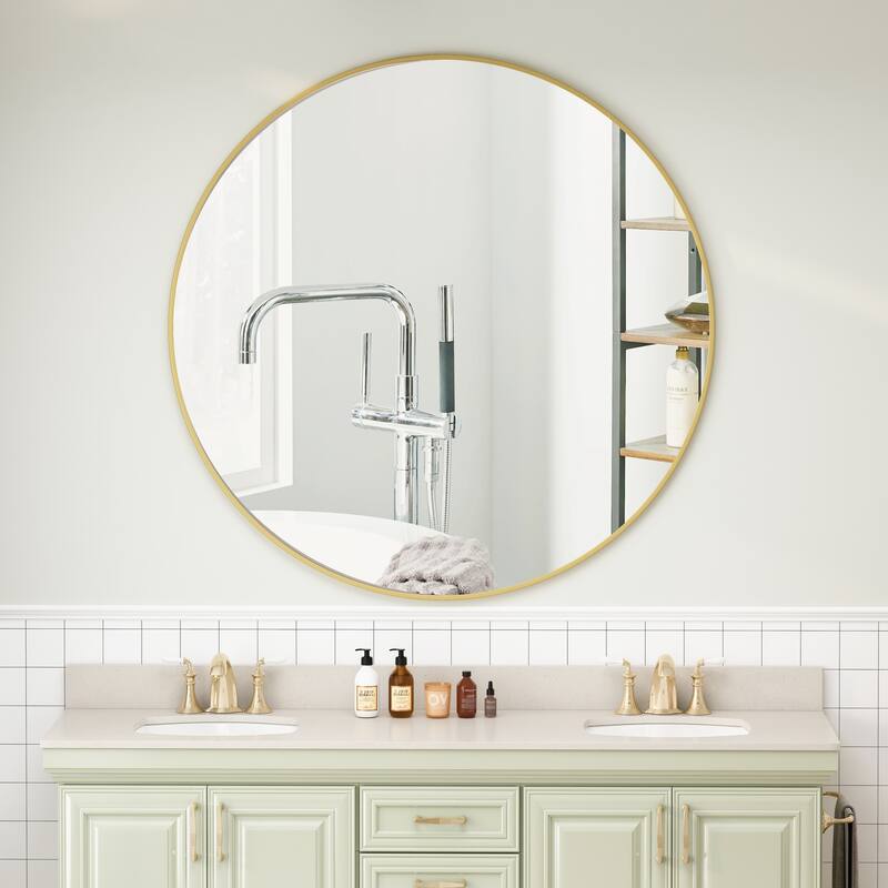 42" Wall Mounted Glod Round Metal Framed Mirror - 41.73 inches L x 41.73 inches W x 1 inches H