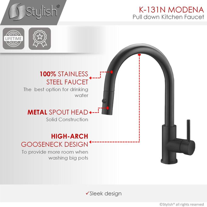 STYLISH Kitchen Sink Faucet Single Handle Pull Down Dual Mode in Stainless Steel - Faucet Height: 14 1/8" | Spout Height: 6 3/4"