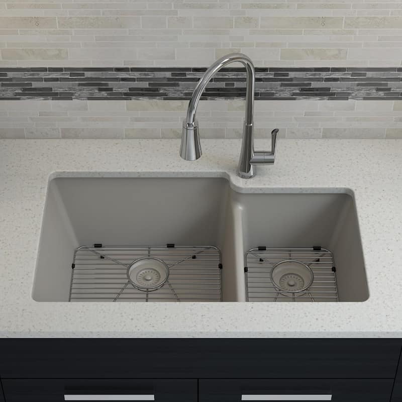 32"x19" Quartz Granite Kitchen Sink, 60/40 Double Bowl Drop-in/Undermount - 19x32