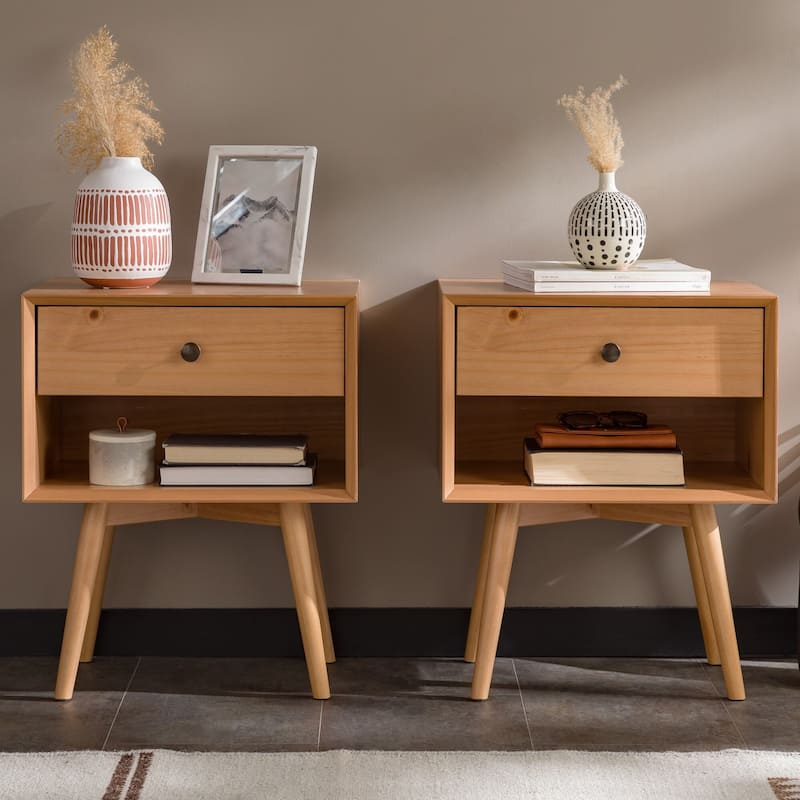 Middlebrook Mid-Century Solid Wood 1-Drawer Nightstand, Set of 2 - Natural Pine