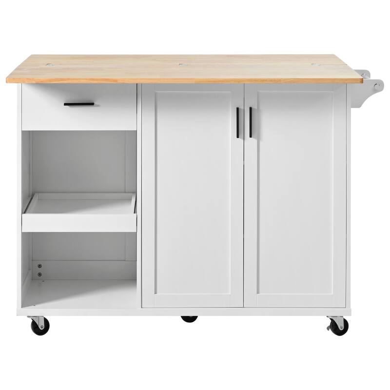 49.02'' Rubber Wood Farmhouse Kitchen Island with Rolling Wheels, Slide-Out Shelf, Towel Rack and Drawer