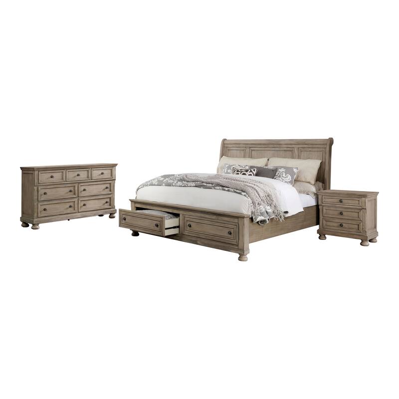 Nahkohe Transitional Grey Wood 3-Piece Storage Sleigh Bed, Nightstand and Dresser Set with USB by Carbon Loft - King