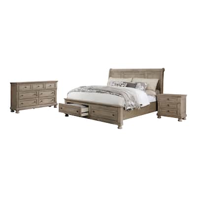 Nahkohe Transitional Grey Wood 3-Piece Storage Sleigh Bed, Nightstand and Dresser Set with USB by Carbon Loft