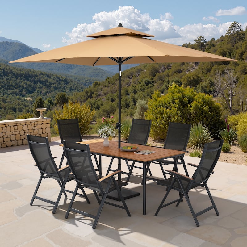 9PC Outdoor Patio Dining Set Aluminum Table with Folding Armchairs w/ Market Umbrella Sets - BrownTable&BlackChairs&TanUmbrella