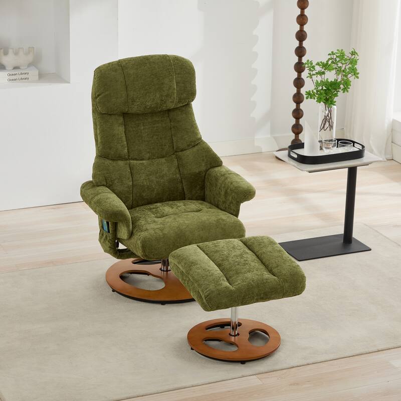 Recliner Chair with Ottoman, Modern 360° Swivel Lounge Chair with Footstool, Chenille Fabric, 5 Point Vibration Massage