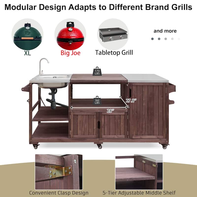 Kitchen Island with Sink, Grill Cart for Big Green Egg Grills, Rolling Bar Cart with Stainless Steel Top for Pizza Prep and BBQ